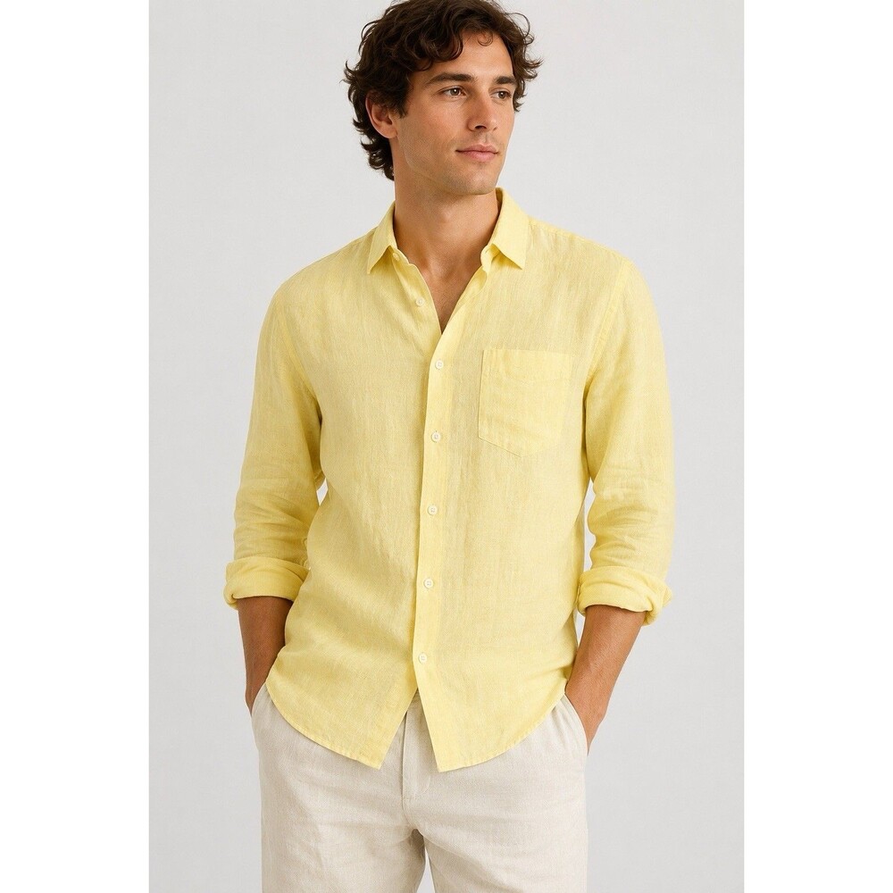 Uniqlo 100% Linen Button Front Shirt Butter Yellow Long Sleeve Pocket Beachy S